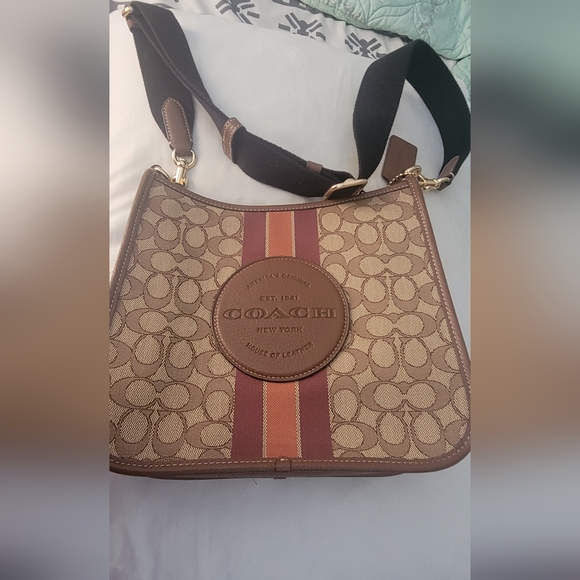 Coach Handbags - Coach Tan Signature Canvas Crossbody with Red Stripe Bag NEW